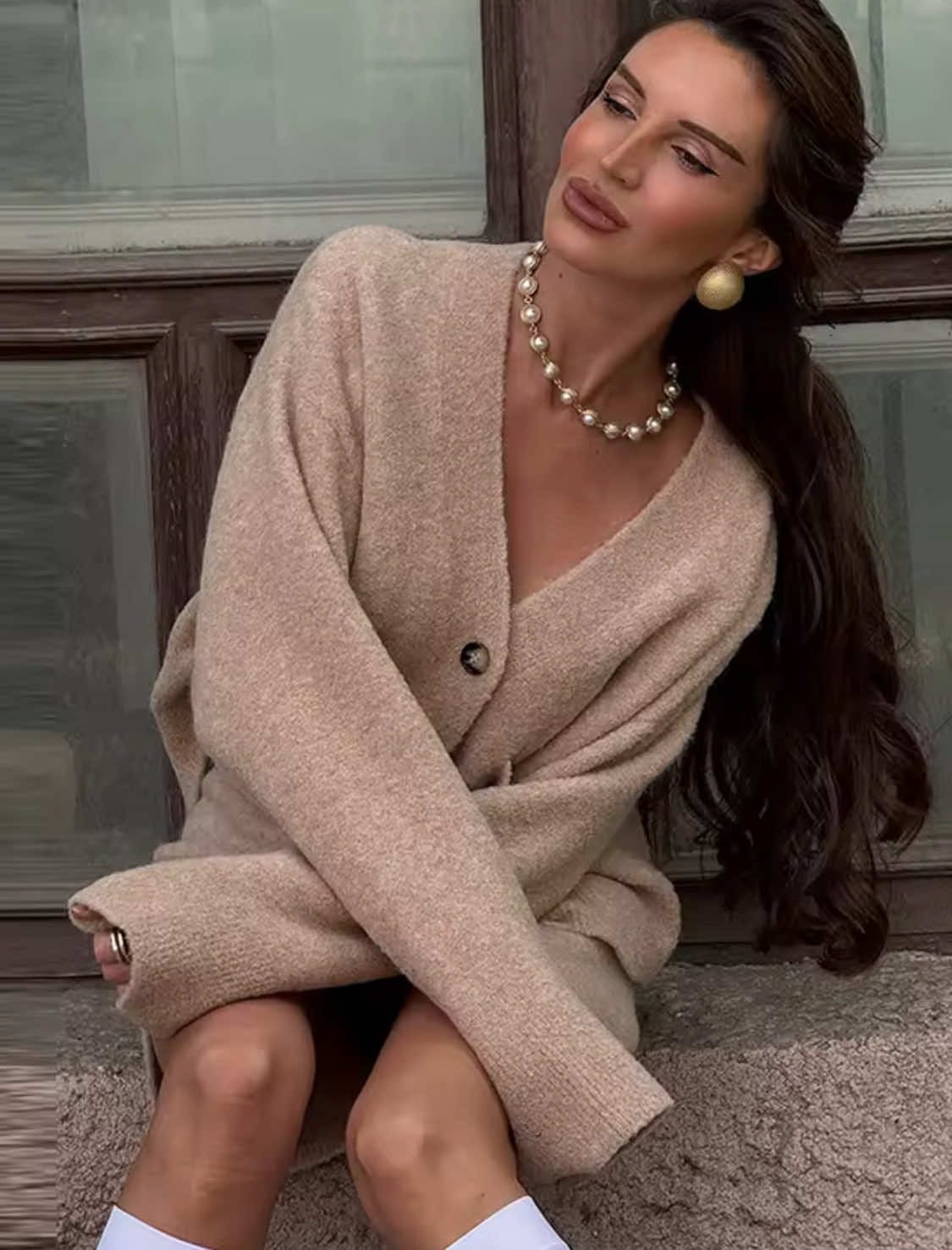 Marelle – zestaw Beż / Beige – ujęcie z bliska, detal tkaniny i guzików.