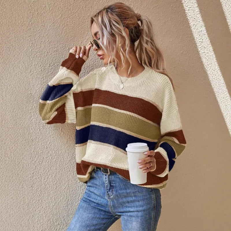 Sweter Serenelle w paski oversize – beżowo-brązowy