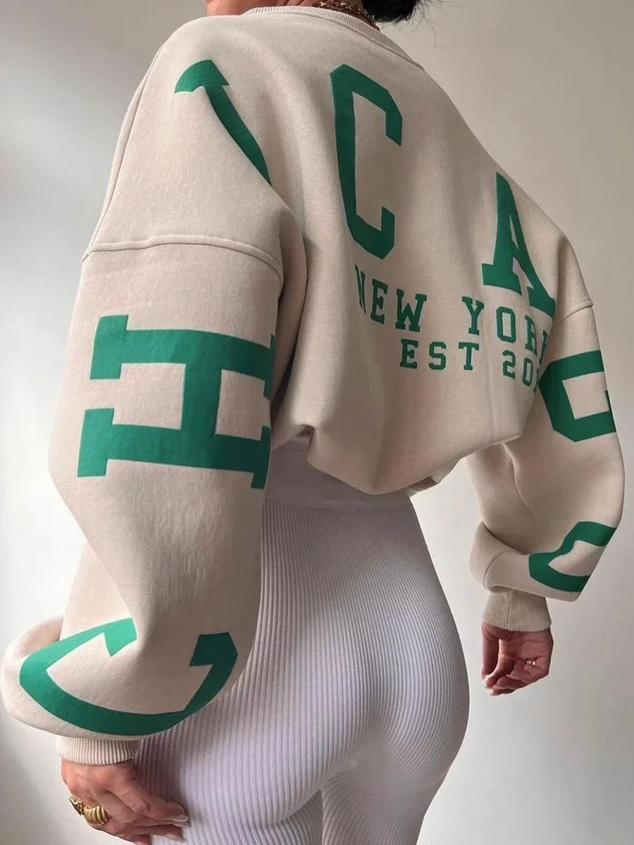 Chicago Vibes bluza beżowa z zielonym nadrukiem