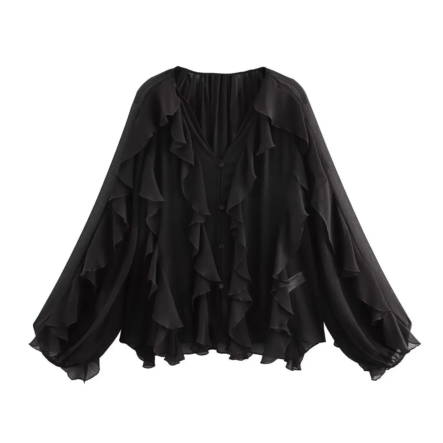 Riva Ruffle Blouse – czarna / zwart – klasyczna elegancja z dekoltem V