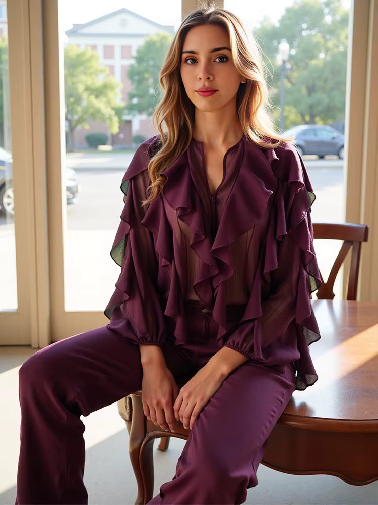 Riva Ruffle Blouse – burgundowa / bordeaux – kobieca stylizacja z falbanami