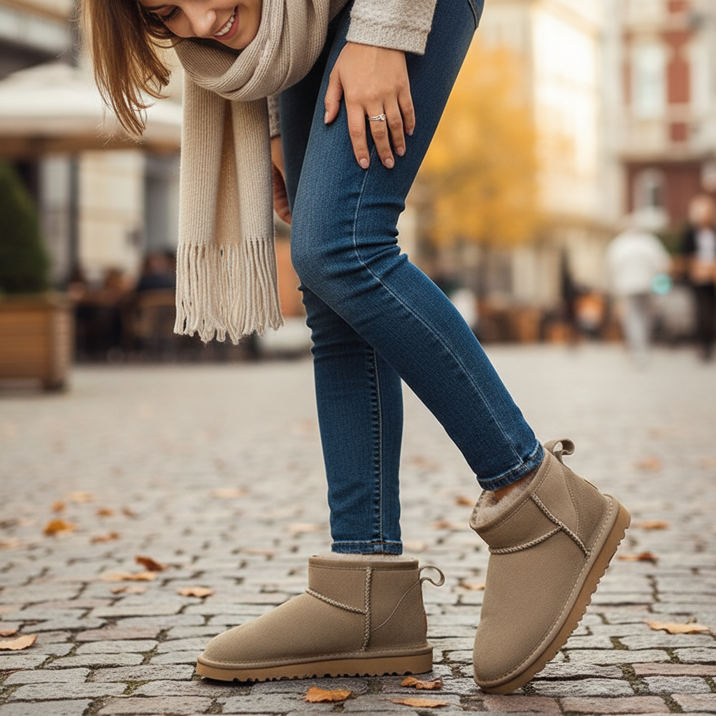 Beżowe zimowe botki CozyFeet z futerkiem
